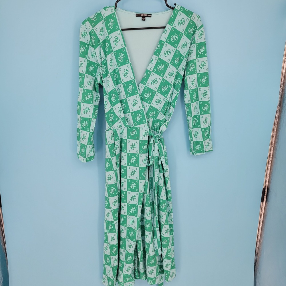 GUESS Christin Wrap Midi Dress Green White Logo Print Geometric V-Neck Modal